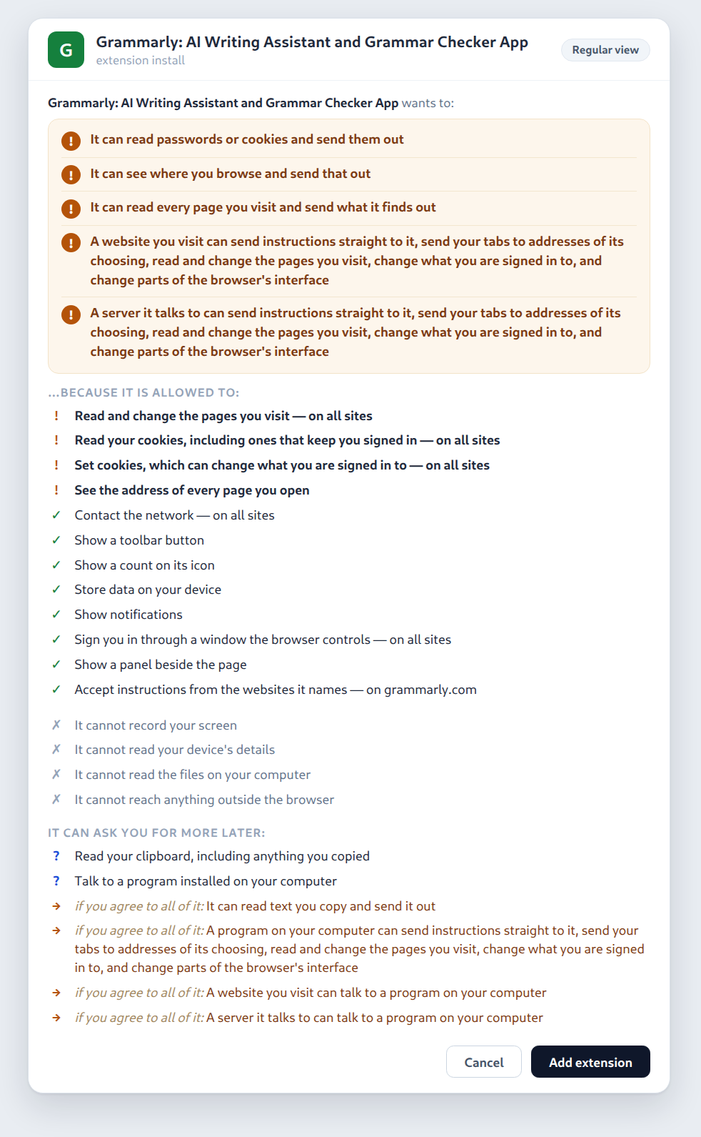 Install dialog for Grammarly: derived warnings such as reading passwords or cookies and sending them out, the granted list in plain sentences, the proven "it cannot" claims, and the optional permissions it can ask for later